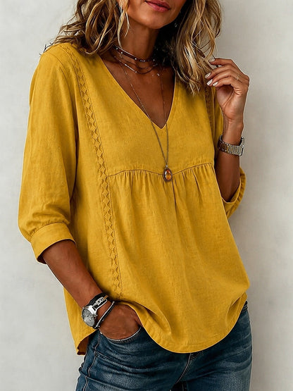 【LAST DAY SALE】Women's Loose-Fit V-Neck Lace Blouse, 3/4-Length Puff Sleeves