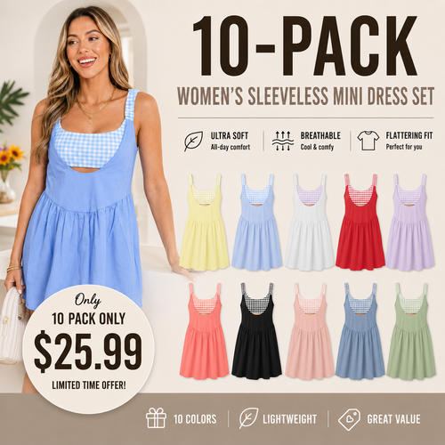 ✨ Women's Summer Gingham Mini Dress – Faux Two-Piece Patchwork Plaid Sleeveless Backless Dress