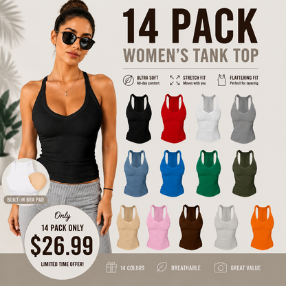 ✨ Women’s V Neck Ribbed Cotton Tank Top with Built-in Bra – Sleeveless Racerback Slim Fit Cami, Soft Stretch Summer Basic Top