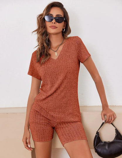 Summer Ribbed Lounge Set - Stretch T-shirt and Cycling Shorts | Breathable Loungewear