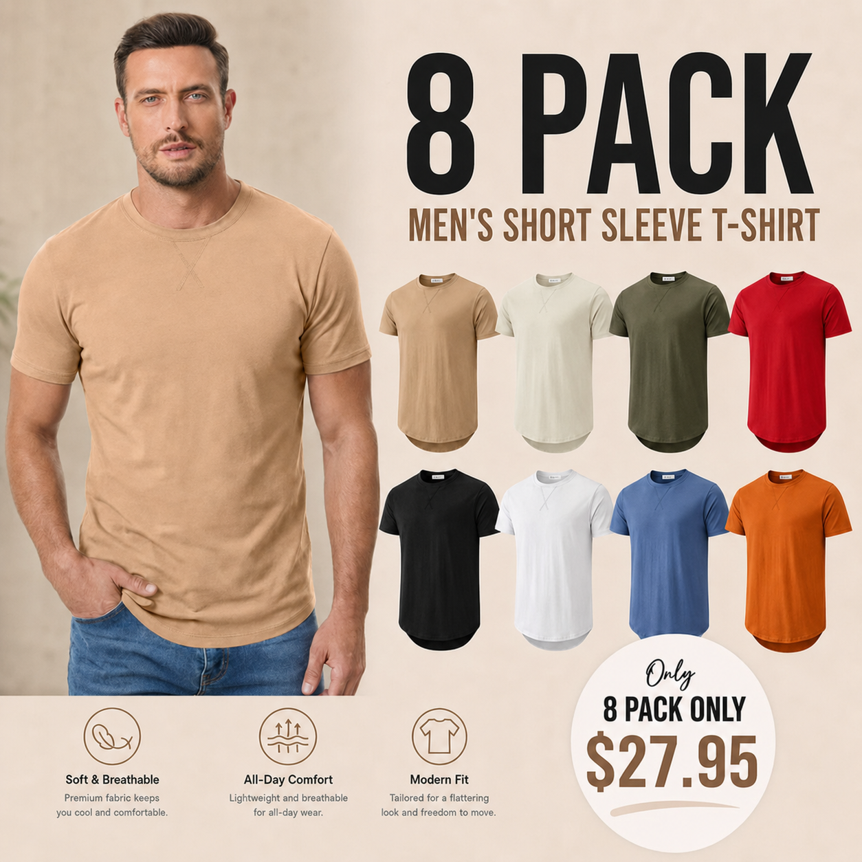 Mens 8 Pack Cotton Hipster Hip Hop Longline Crewneck T-Shirt