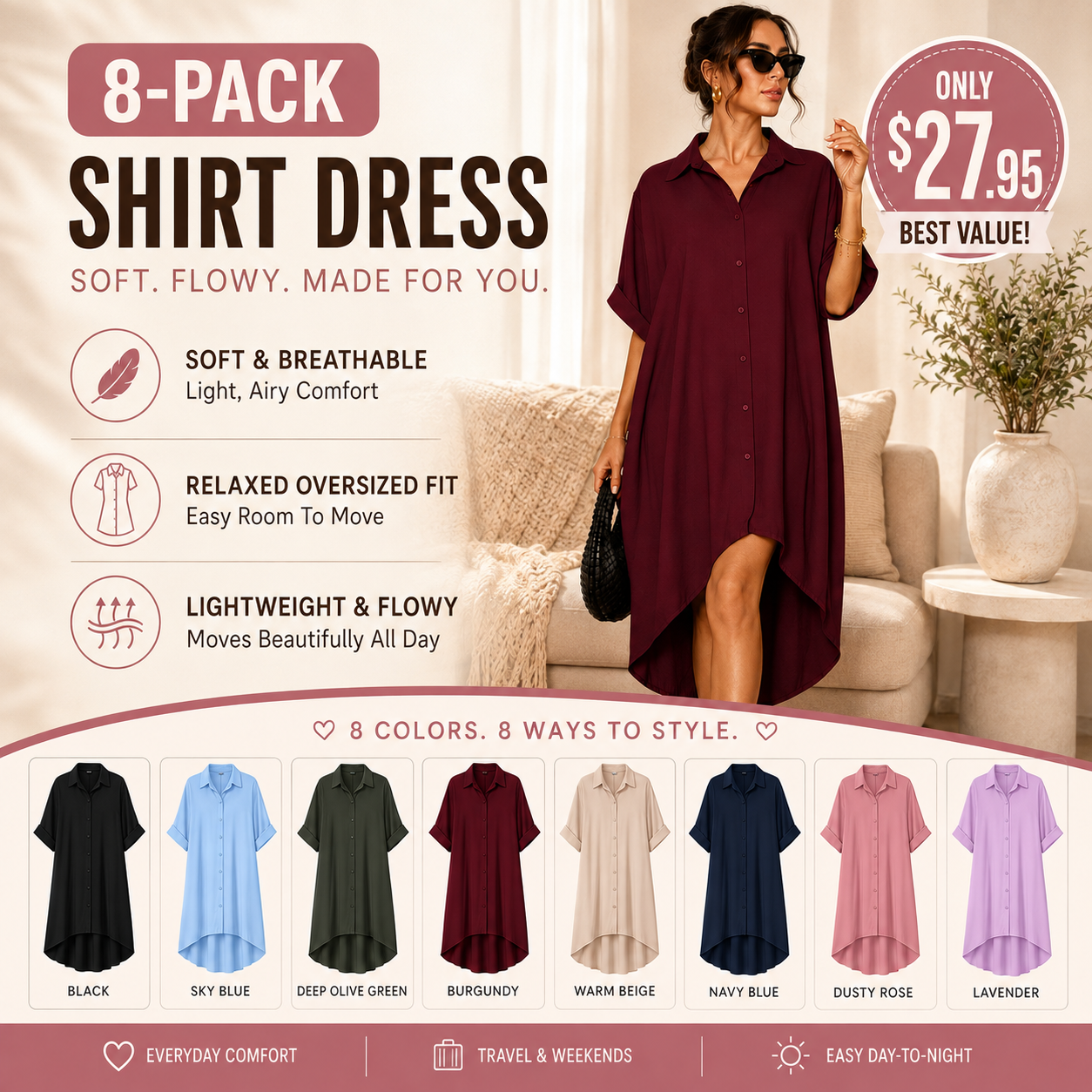 🖤 Women’s Sexy Black Button-Down Shirt Dress – Short-Sleeve Midi Dress with Curved Split Hem, Loose Flowy A-Line Summer Streetwear ✨