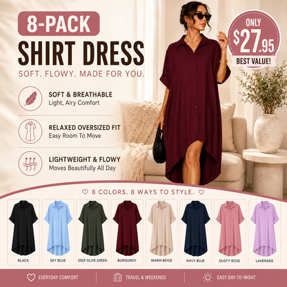 🖤 Women’s Sexy Black Button-Down Shirt Dress – Short-Sleeve Midi Dress with Curved Split Hem, Loose Flowy A-Line Summer Streetwear ✨