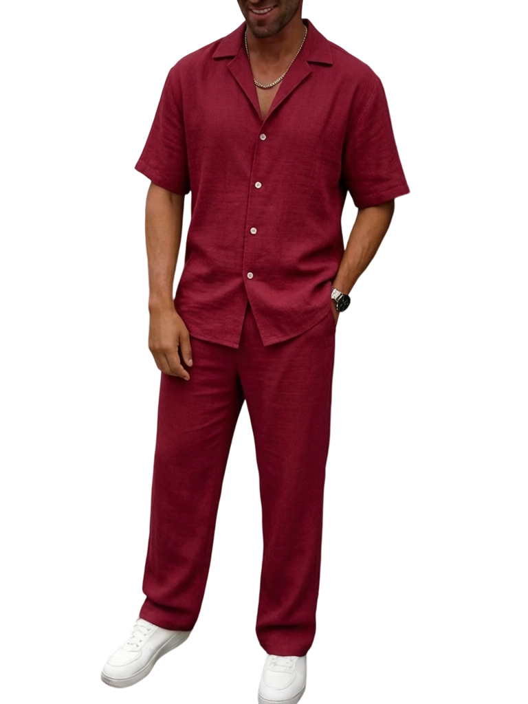 🔥 Limited-Time Sale ✨ Men’s 2-Piece Linen Set | Breathable Button Down Shirt + Elastic Waist Pants | Casual Beach Outfit for Everyday Comfort 🌴👕