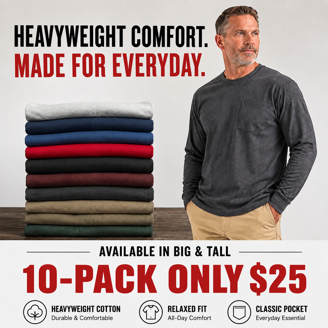 💥Men's Heavyweight Cotton Pocket T-Shirt – Relaxed Fit Everyday Casual Tee | Big & Tall Available