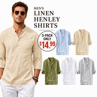 🔥 Limited-Time Sale ✨ Men’s Cotton Linen Henley Shirt | 3/4 Sleeve Lightweight Casual Beach Top 👕🌴