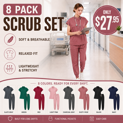 Women’s Stretchy Jogger Scrub Set – Sleeveless Mandarin-Collar Top & 8-Pocket Pants, Comfortable Loose-Fit Nurse Uniform 💙