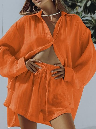 Women 2 Piece Outfits Long Sleeve Button Down Blouse and Shorts Sweatsuit Sets