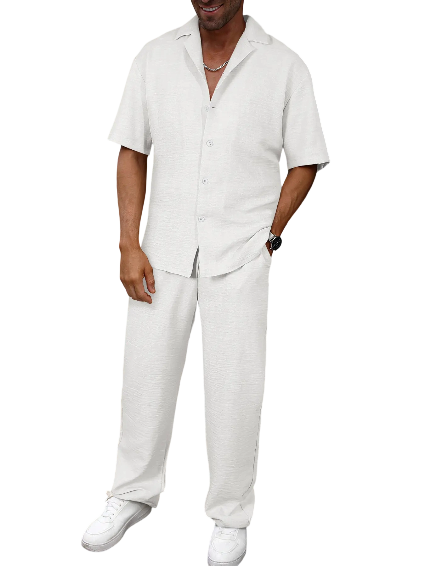 🔥 Limited-Time Sale ✨ Men’s 2-Piece Linen Set | Breathable Button Down Shirt + Elastic Waist Pants | Casual Beach Outfit for Everyday Comfort 🌴👕