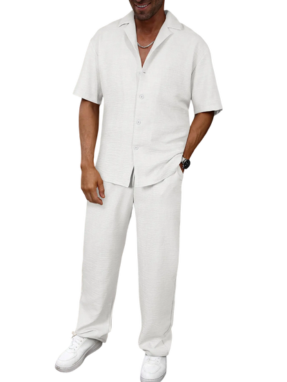 🔥 Limited-Time Sale ✨ Men’s 2-Piece Linen Set | Breathable Button Down Shirt + Elastic Waist Pants | Casual Beach Outfit for Everyday Comfort 🌴👕