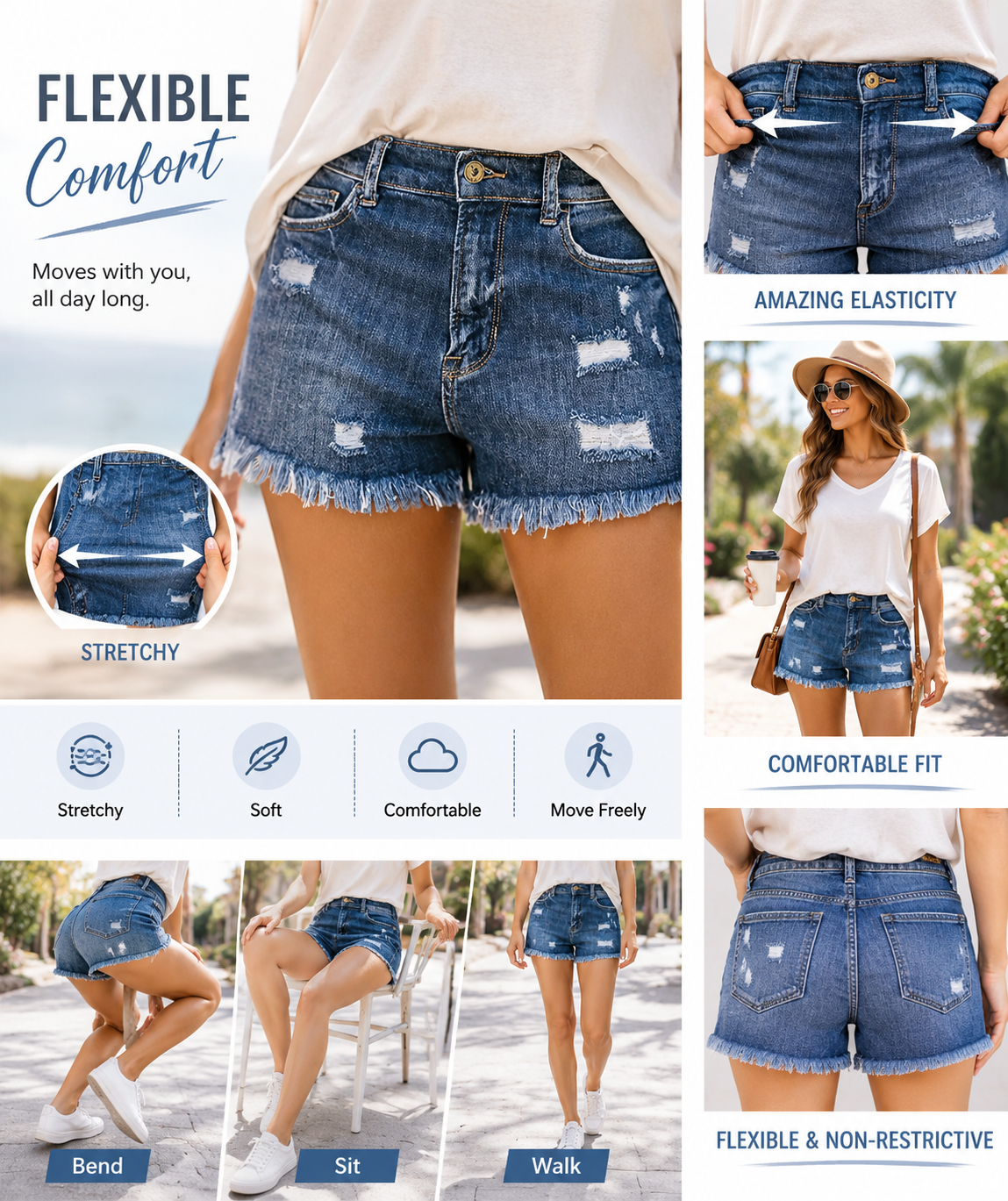 ✨ Women's Mid-Rise Denim Shorts – Stretchy Casual Summer Shorts with Pockets