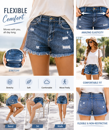 ✨ Women's Mid-Rise Denim Shorts – Stretchy Casual Summer Shorts with Pockets