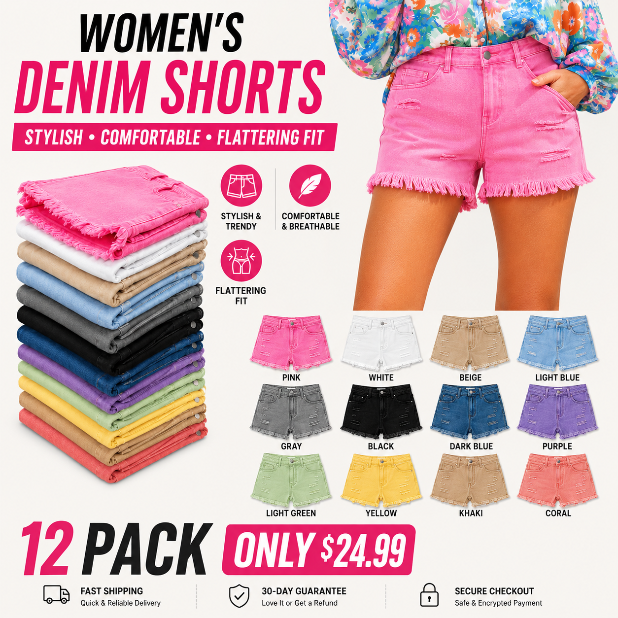 ✨ Women's Mid-Rise Denim Shorts – Stretchy Casual Summer Shorts with Pockets