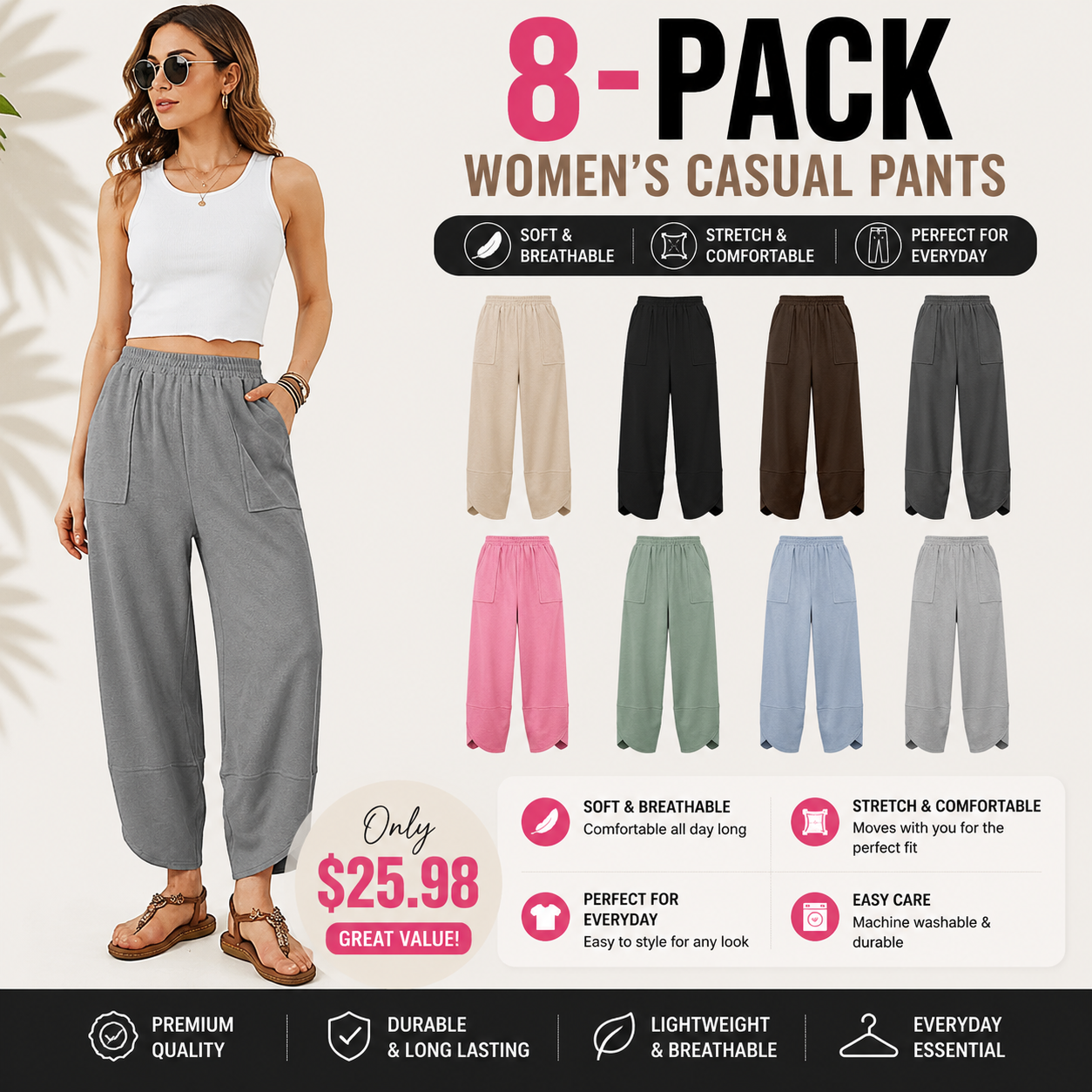 ⚡Last stock⚡-👖 Women's Casual Baggy Wide-Leg Trousers with Elastic Waist