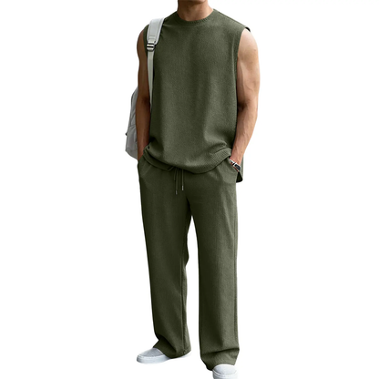 🔥 Limited-Time Sale ✨ Men’s 2-Piece Rib Knit Set | Sleeveless Tank + Wide Leg Pants 🌴
