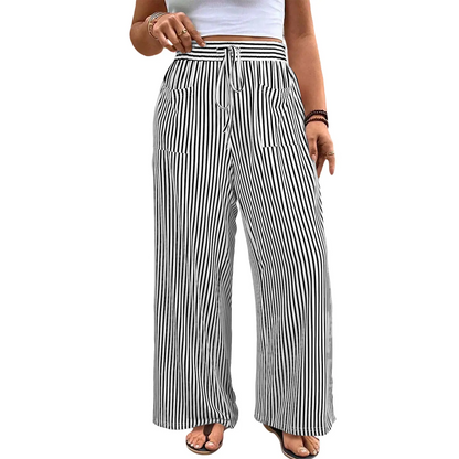 🔥 Limited-Time Sale ✨ Women’s Plus Size Wide Leg Pants | High Waist Striped Palazzo Trousers with Pockets 🌸