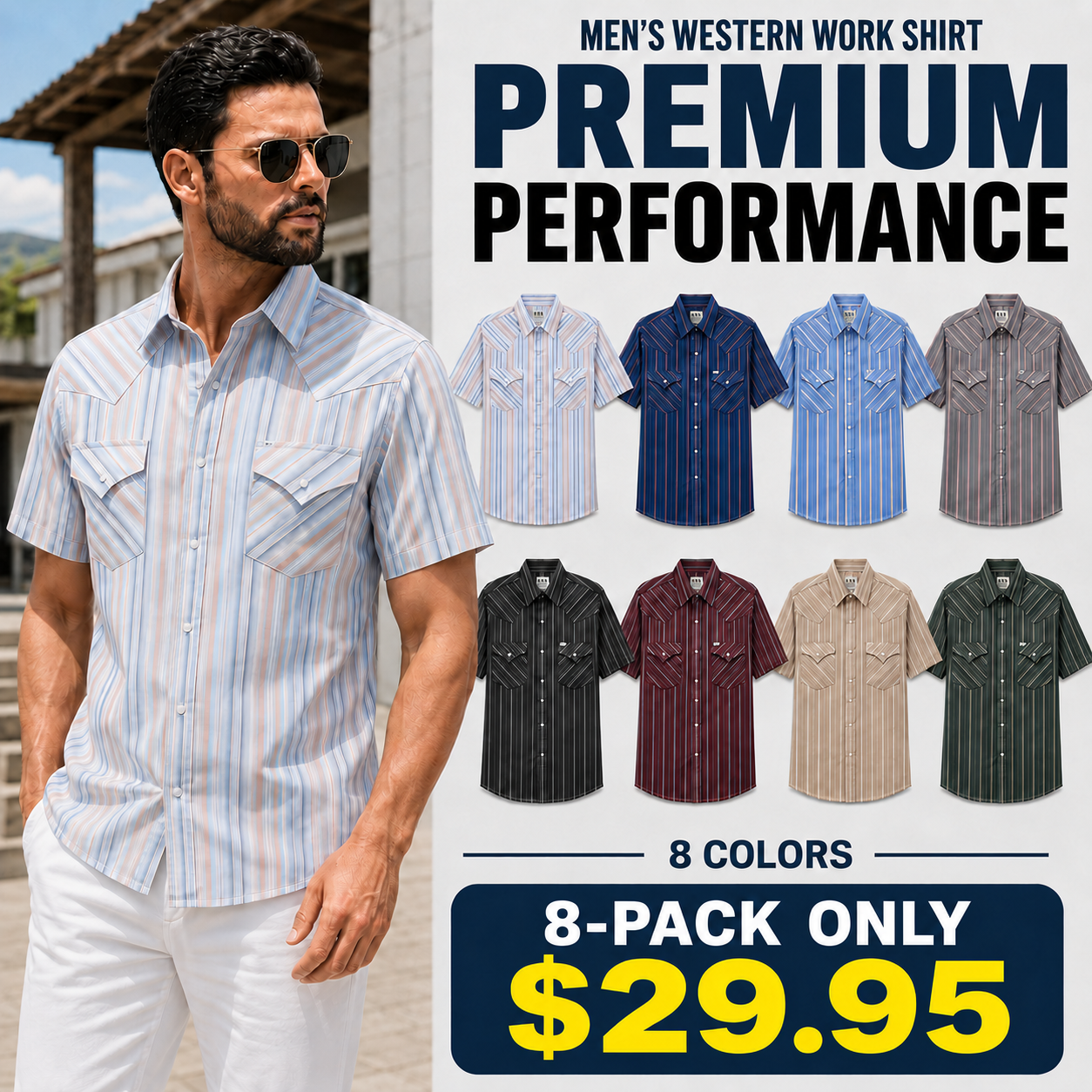 Men's Western Stripe Snap Shirt with Pocket - Short Sleeve Casual Cowboy Shirt