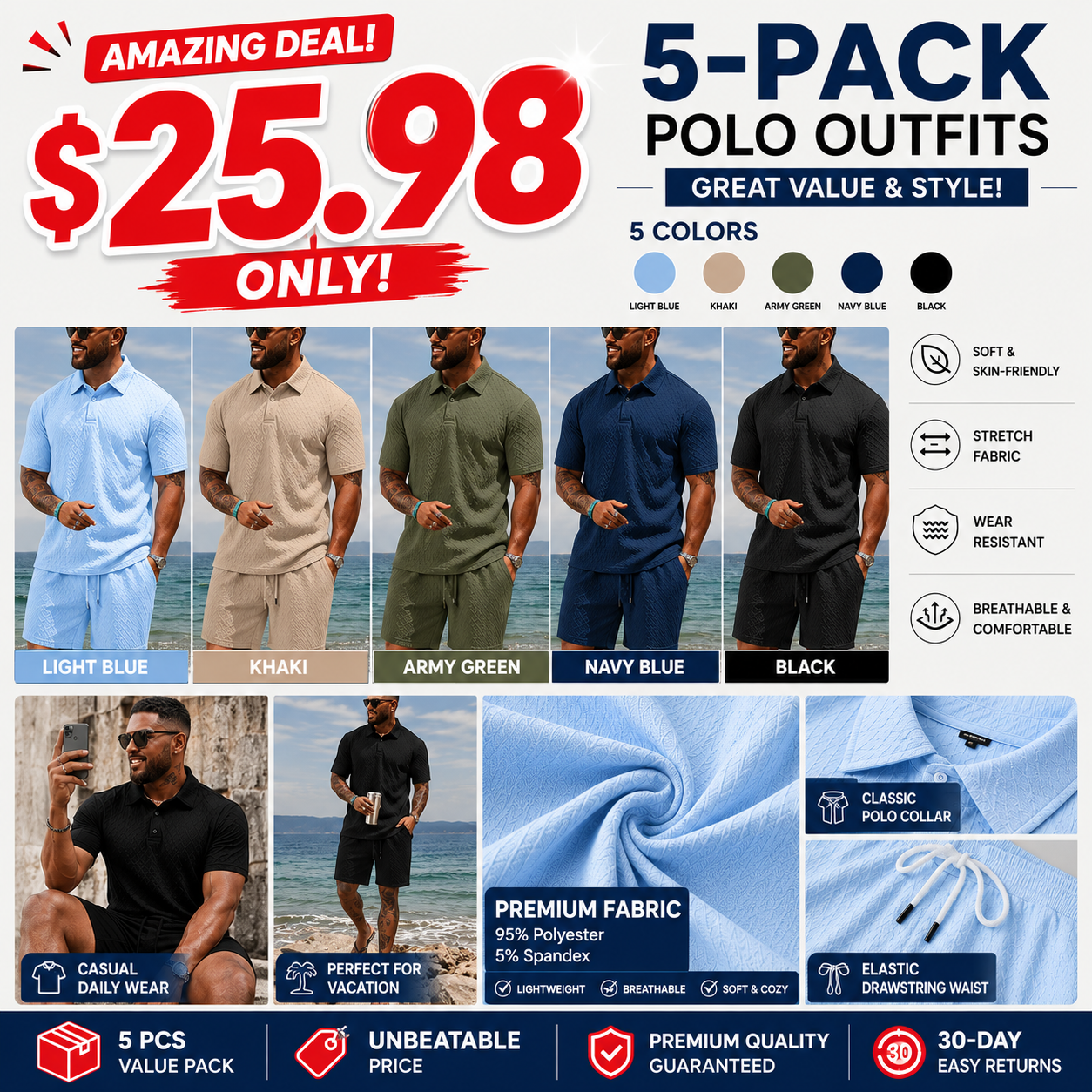 👕 Men's Summer Polo Shirt & Drawstring Shorts 2-Piece Set ☀️