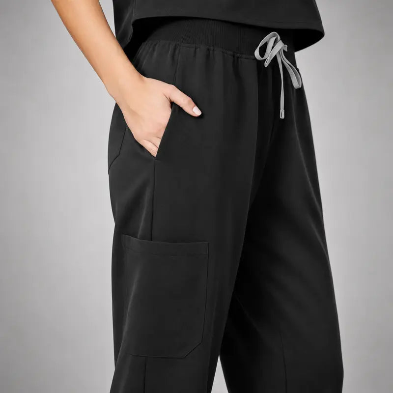 Women’s Stretchy Jogger Scrub Set – Sleeveless Mandarin-Collar Top & 8-Pocket Pants, Comfortable Loose-Fit Nurse Uniform 💙