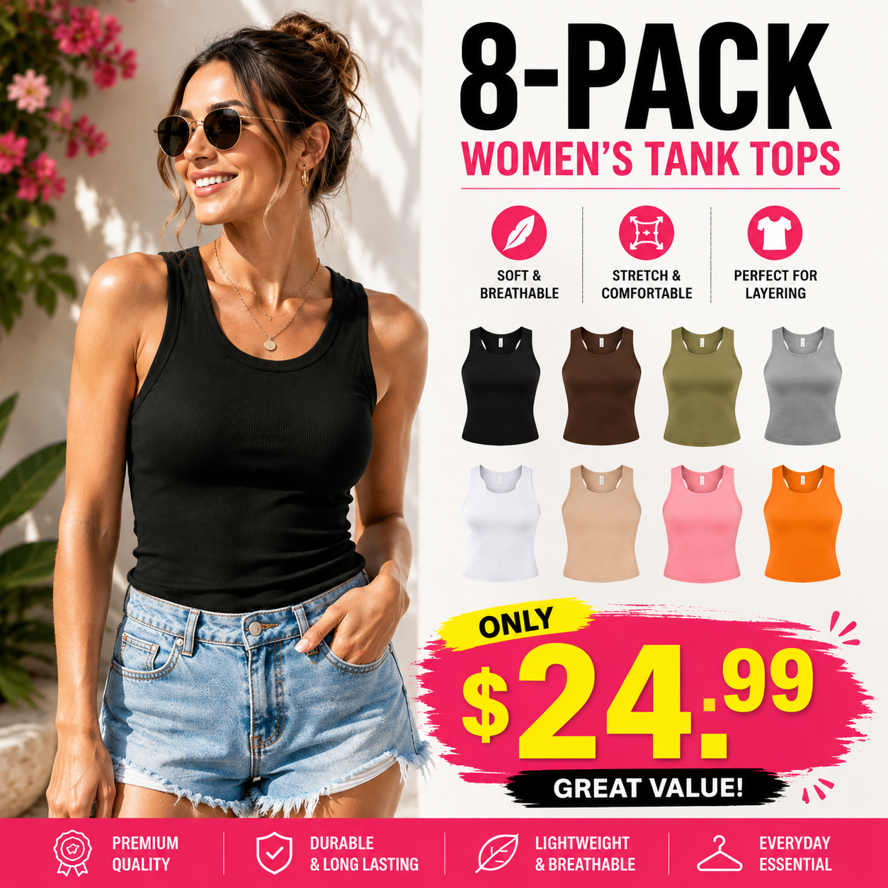 This Week's Special Price🍃Round Neck Built-in Bra Ribbed Tank Top Fit Casual Comfortable💥