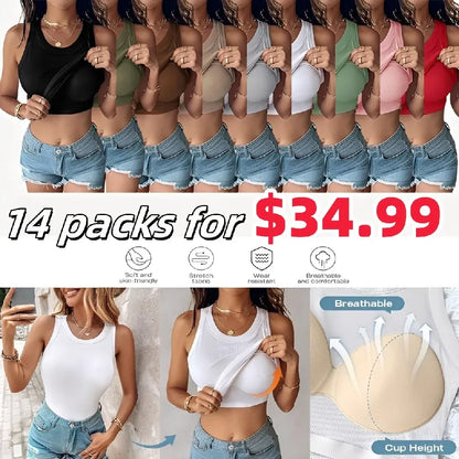 This Week's Special Price🍃Round Neck Built-in Bra Ribbed Tank Top Fit Casual Comfortable💥