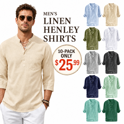 🔥 Limited-Time Sale ✨ Men’s Cotton Linen Henley Shirt | 3/4 Sleeve Lightweight Casual Beach Top 👕🌴
