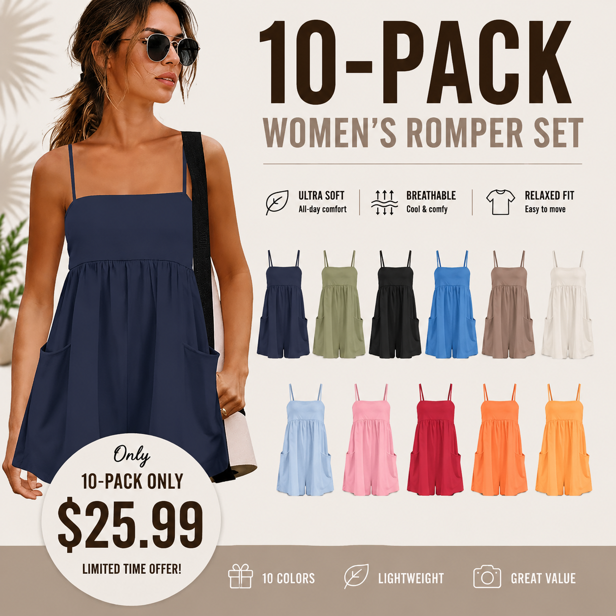🌴 Women’s Summer Romper – Spaghetti Strap Short Jumpsuit with Pockets, Square Neck Beach Vacation Outfit, Lightweight Casual Playsuit