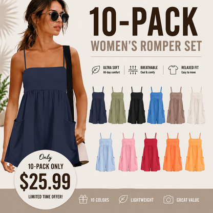 🌴 Women’s Summer Romper – Spaghetti Strap Short Jumpsuit with Pockets, Square Neck Beach Vacation Outfit, Lightweight Casual Playsuit