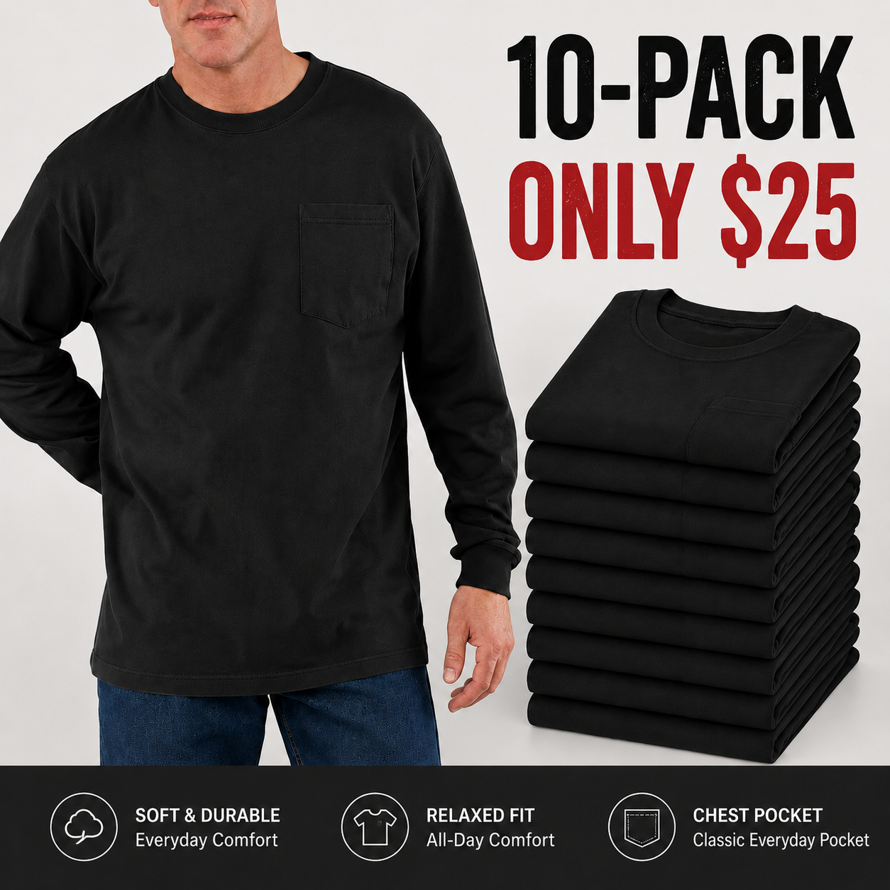 💥Men's Heavyweight Cotton Pocket T-Shirt – Relaxed Fit Everyday Casual Tee | Big & Tall Available